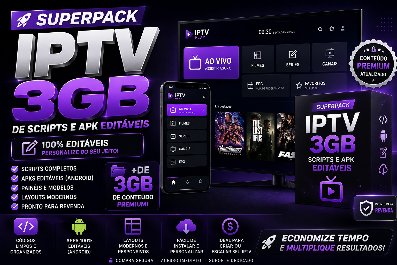 🚀 Super Pack IPTV 3GB – IBO Player, Vu Player, Smarters, XCIPTV, UniTV e Muito Mais (Scripts + APKs Editáveis)